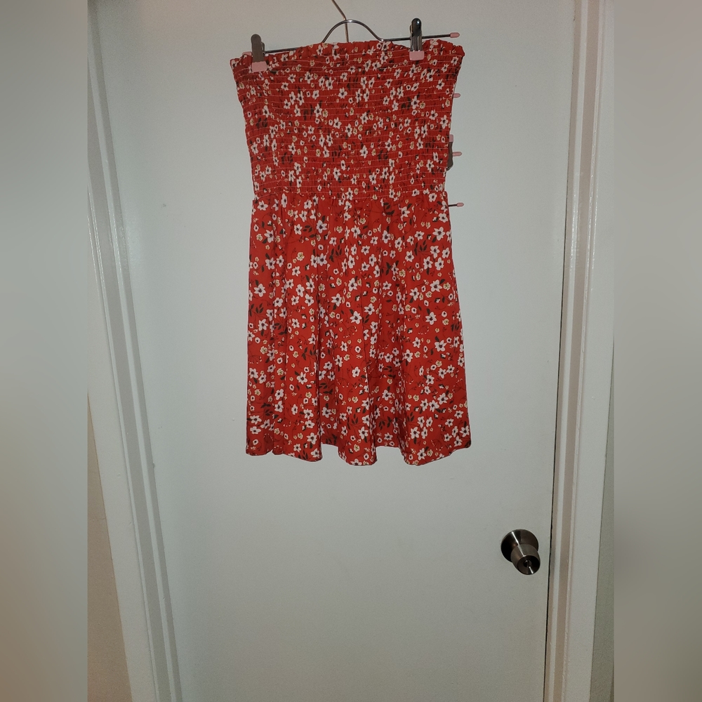 Floral/orange strapless babydoll dress